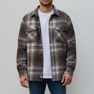 Boston Traders Oversized Plaid Flannel Shacket In Brown / Navy / White | Size S
